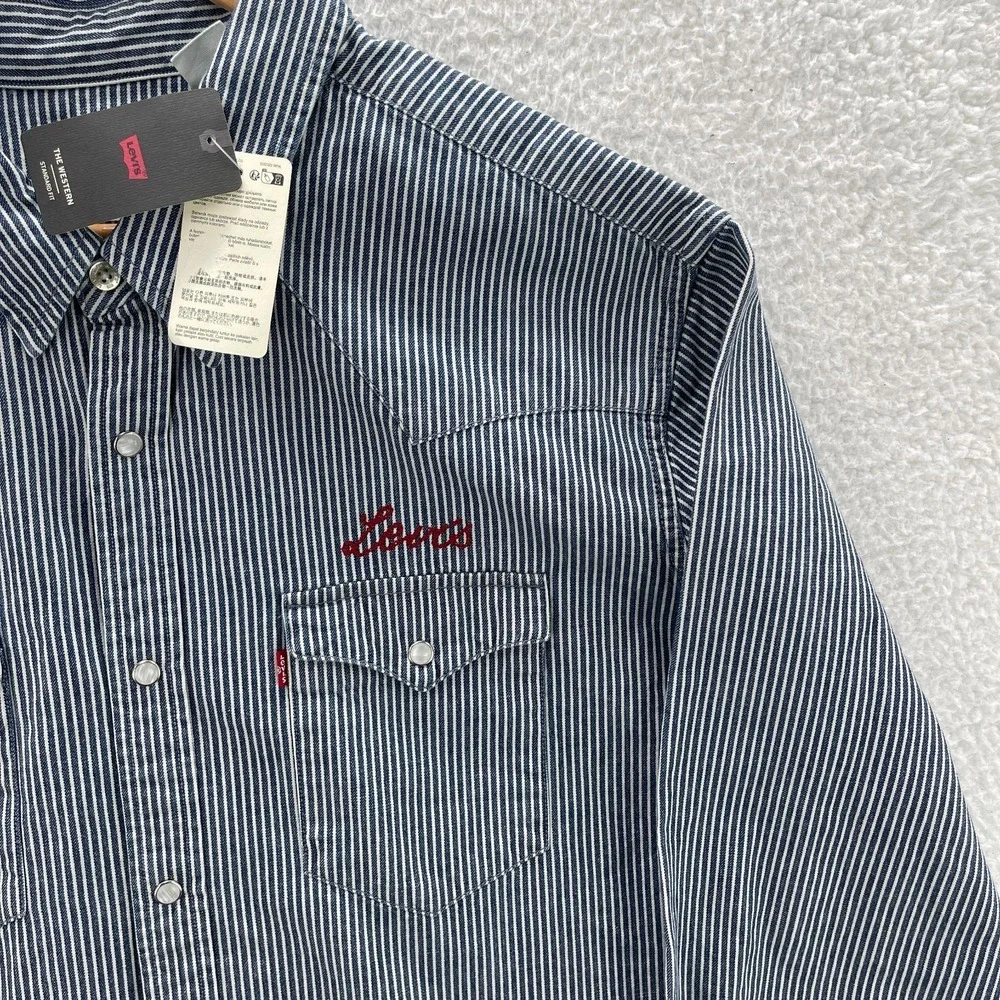 Levis Shirt Mens 2XL Blue Denim Western Pearl Snap Hickory Stripe Cowboy Ranch
